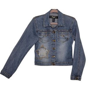 Angfu Authentic Original Blue Star Graphic Button Front Denim Jean Jacket Size L